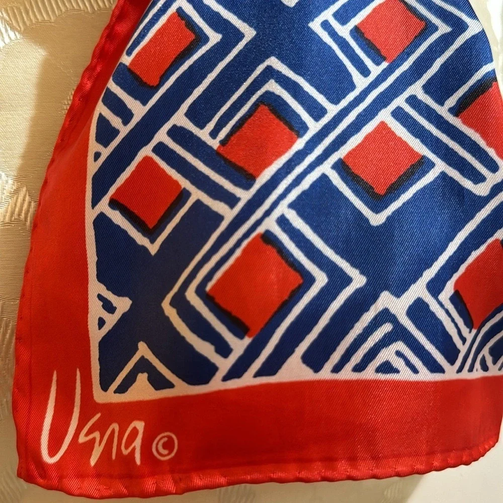 Vera Rectangular Geo Abstract Red White Blue Vintage Scarf Japan 44”x15 1/2”